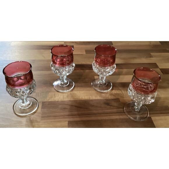 4 Vintage Tiffin Glass King’s Crown Flashed Cranberry Thumbprint Wine Glasses - Picture 2 of 9